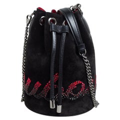 Christian Louboutin Black Suede Crystal Embellished Logo Marie Jane Bucket Bag