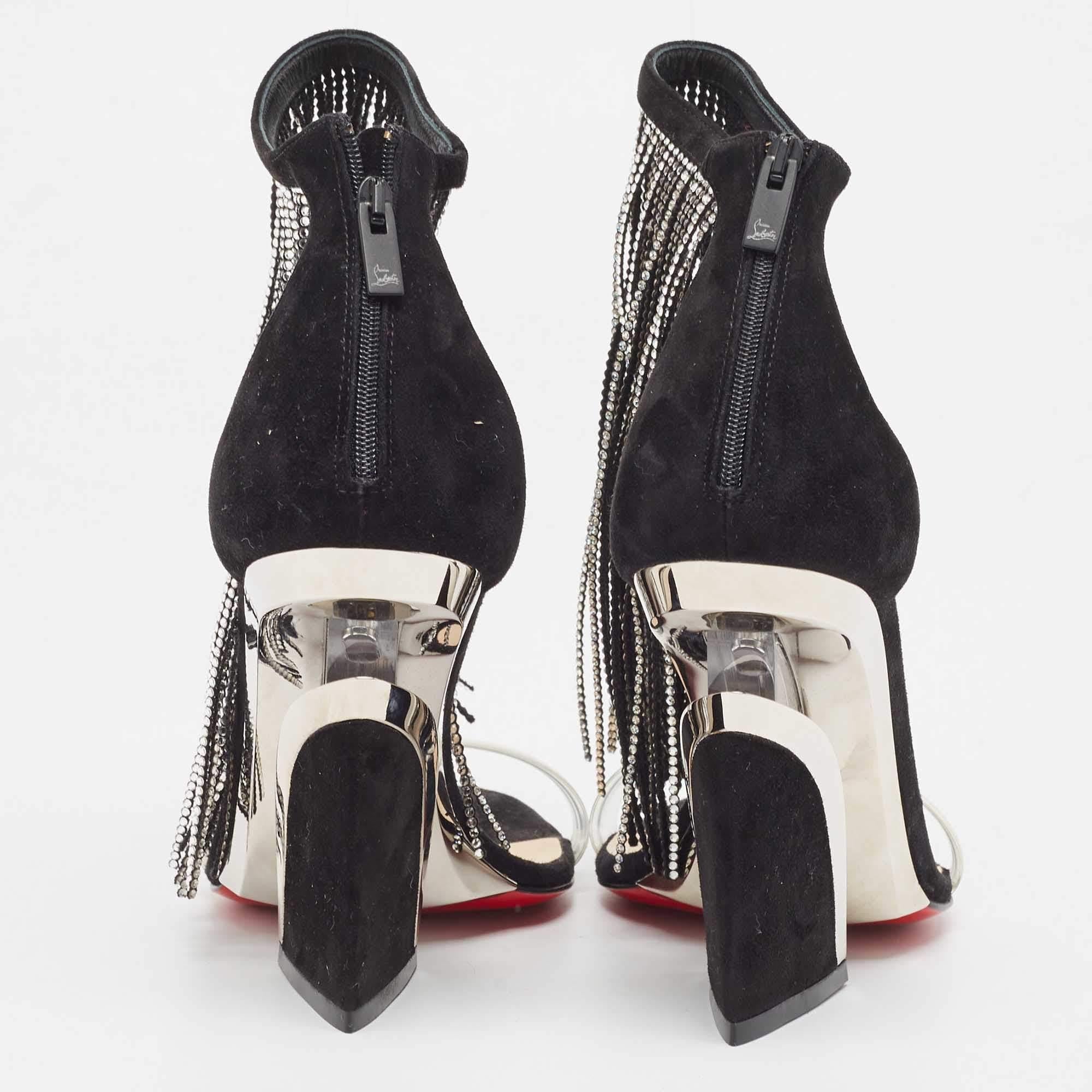 Christian Louboutin Black Suede Crystal Fringe Ankle Strap Sandals Size 36 In Good Condition For Sale In Dubai, Al Qouz 2