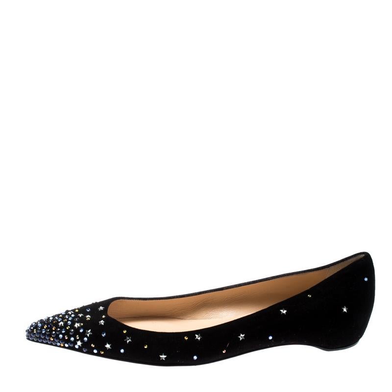 Wear luxury with a touch of the galaxy by choosing these black ballet flats from Christian Louboutin. These suede flats flaunt pointed toes, leather insoles, crystals and star embellishments and the iconic red soles.

Includes: The Luxury Closet