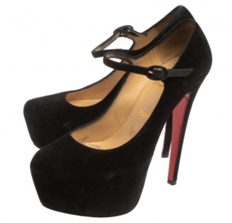Take your love for Louboutins to new heights by adding this gorgeous pair to your collection. The pumps simply speak high fashion in every stitch and curve. The exteriors come made from suede in a mary-jane style and the pumps are finished with