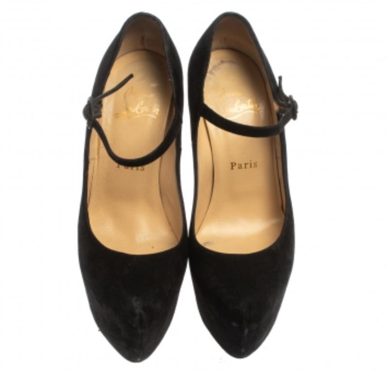 Christian Louboutin Black Suede Daffodil Mary Jane Pumps Size 36.5 In Fair Condition For Sale In Dubai, Al Qouz 2