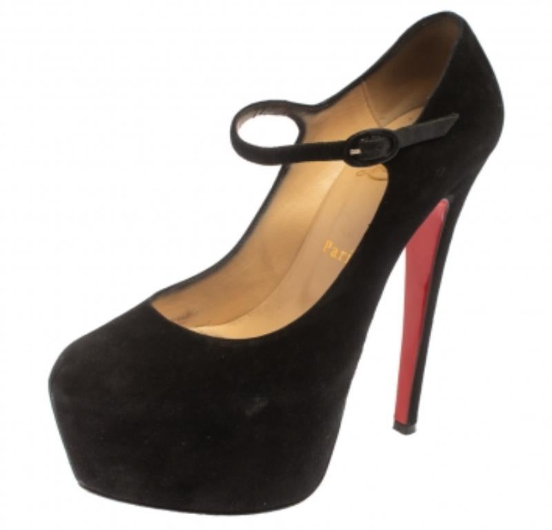 Women's Christian Louboutin Black Suede Daffodil Mary Jane Pumps Size 36.5 For Sale