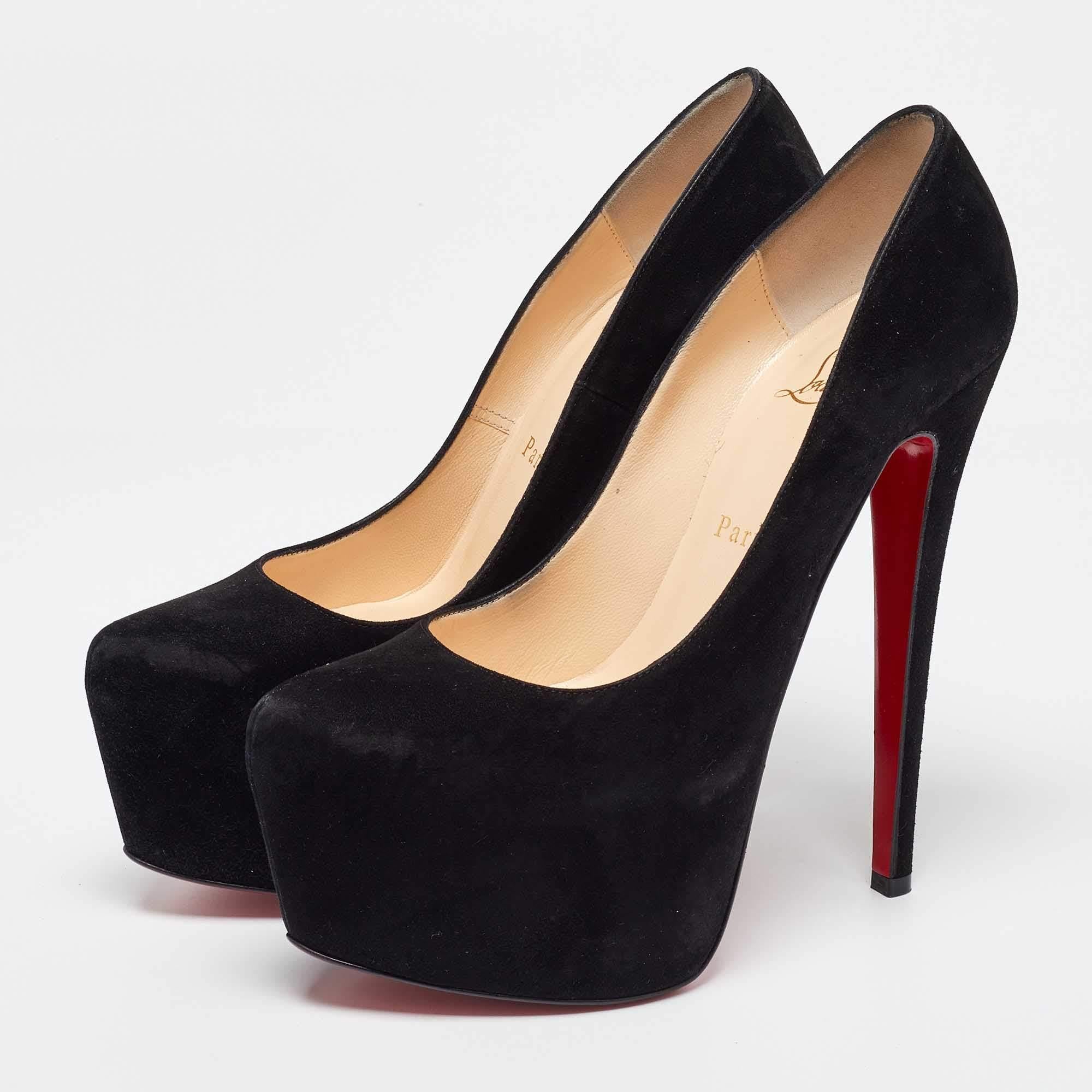 Take your love for Louboutins to new heights by adding this gorgeous pair to your collection. The black pumps simply speak high fashion in every stitch and curve. The exteriors come made from suede and the pumps are finished with platforms towering