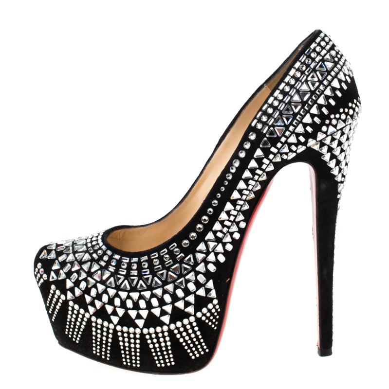 Christian Louboutin Schwarz Wildleder Dekor Strass Plateau Pumps Größe 40 1