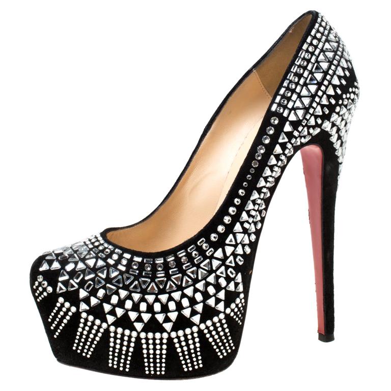 Christian Louboutin Schwarz Wildleder Dekor Strass Plateau Pumps Größe 40