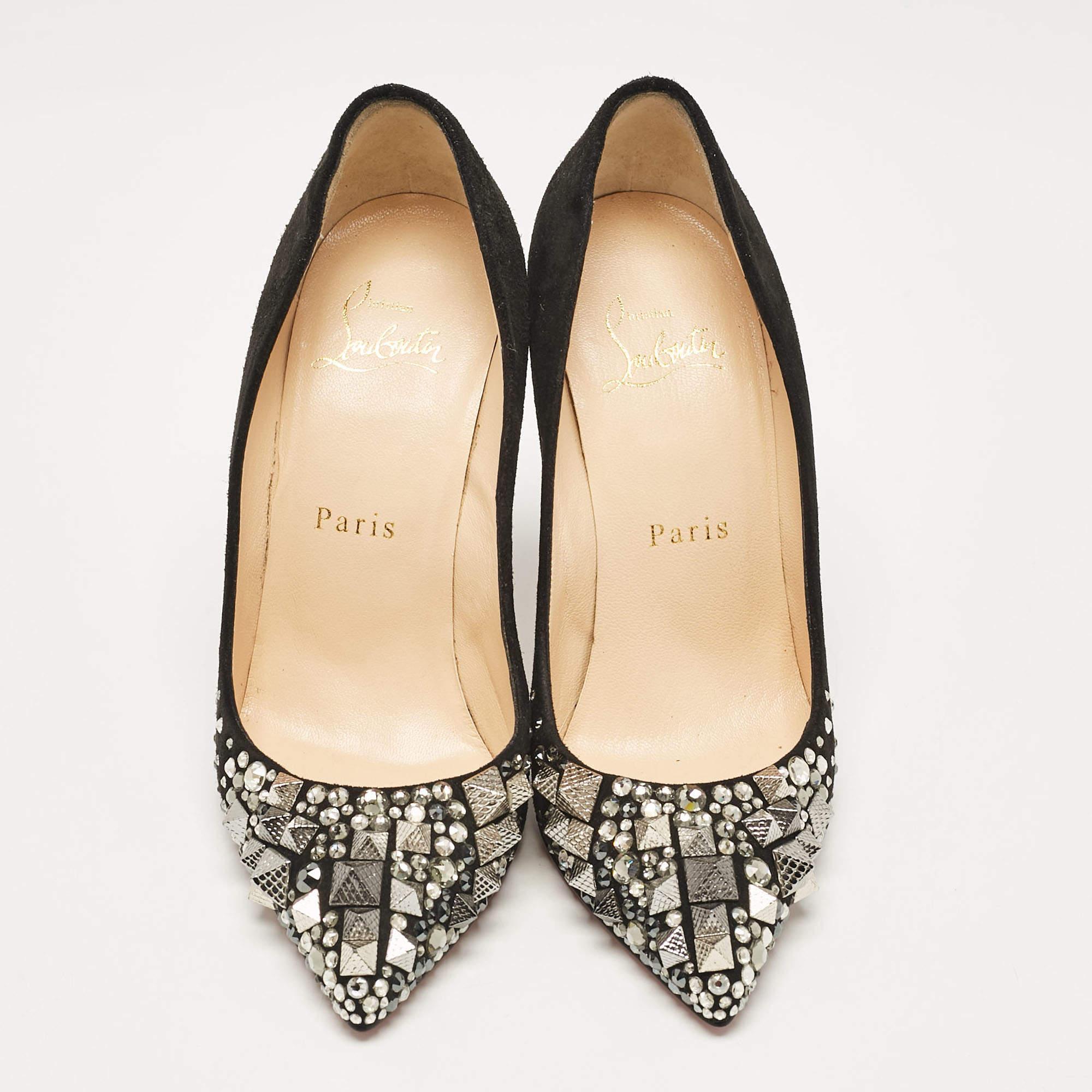Christian Louboutin Black Suede Embellished Keopump Pumps Size 35 In Excellent Condition For Sale In Dubai, Al Qouz 2