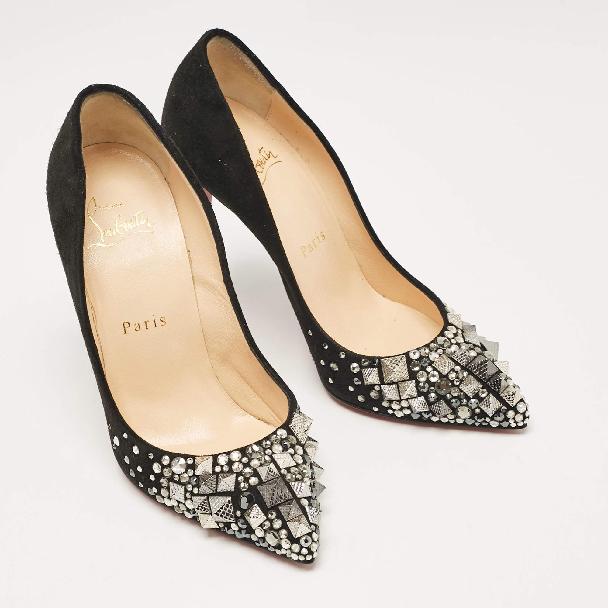 Women's Christian Louboutin Black Suede Embellished Keopump Pumps Size 35 For Sale