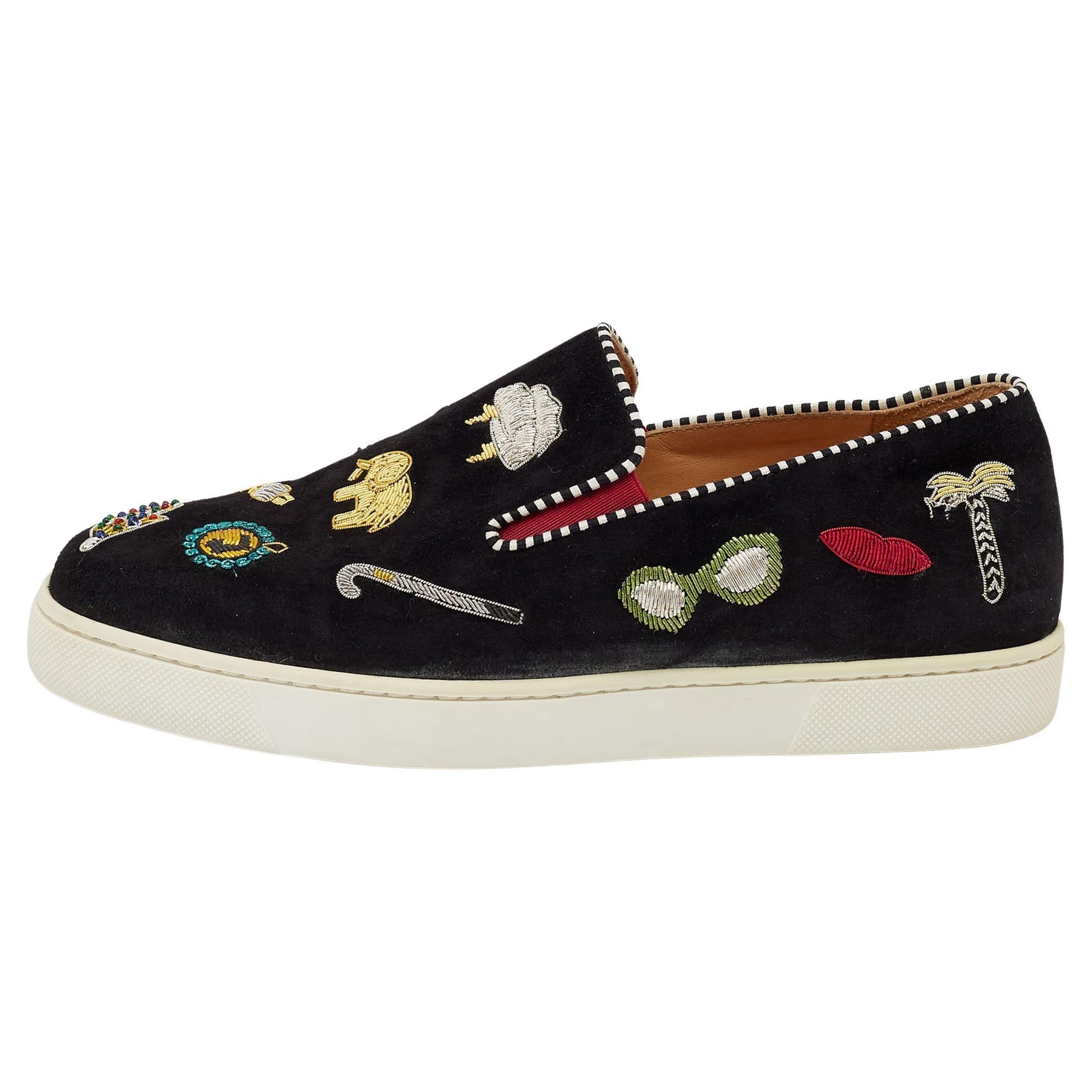 Christian Louboutin Black Suede Embellished Pik N Luck Slip-on Sneakers Size 37