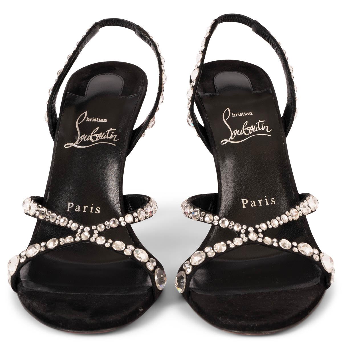 100% authentic Christian Louboutin Emilie Strass 100 sandals in black suede embellished with round crystals. Have been worn one or twice and are in excellent condition. 

Measurements
Model	1230150
Imprinted Size	37.5
Shoe Size	37.5
Inside Sole	24cm