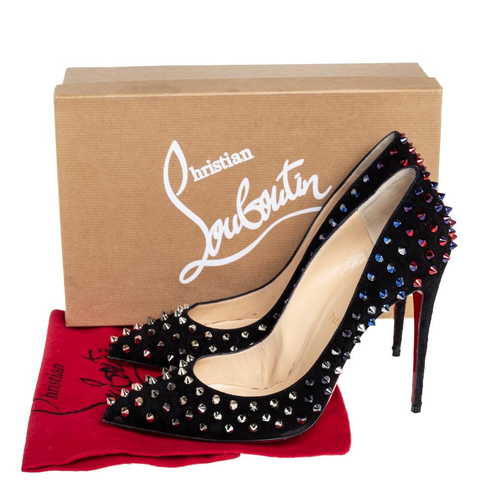 Women's Christian Louboutin Black Suede Follies Spikes Pointed Toe Pumps Size 40