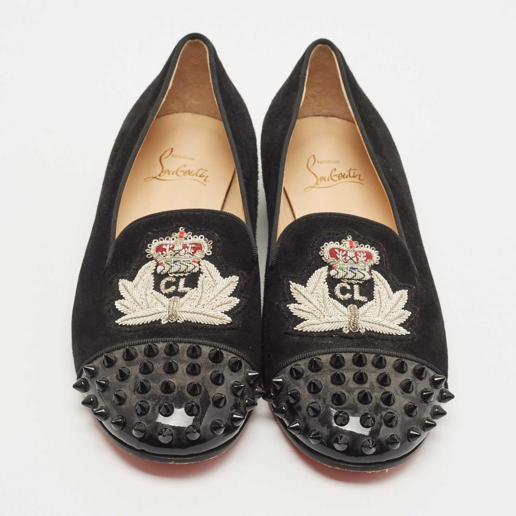 Women's Christian Louboutin Black Suede Harvanana Spiked Smoking Slippers Size 36.5 For Sale