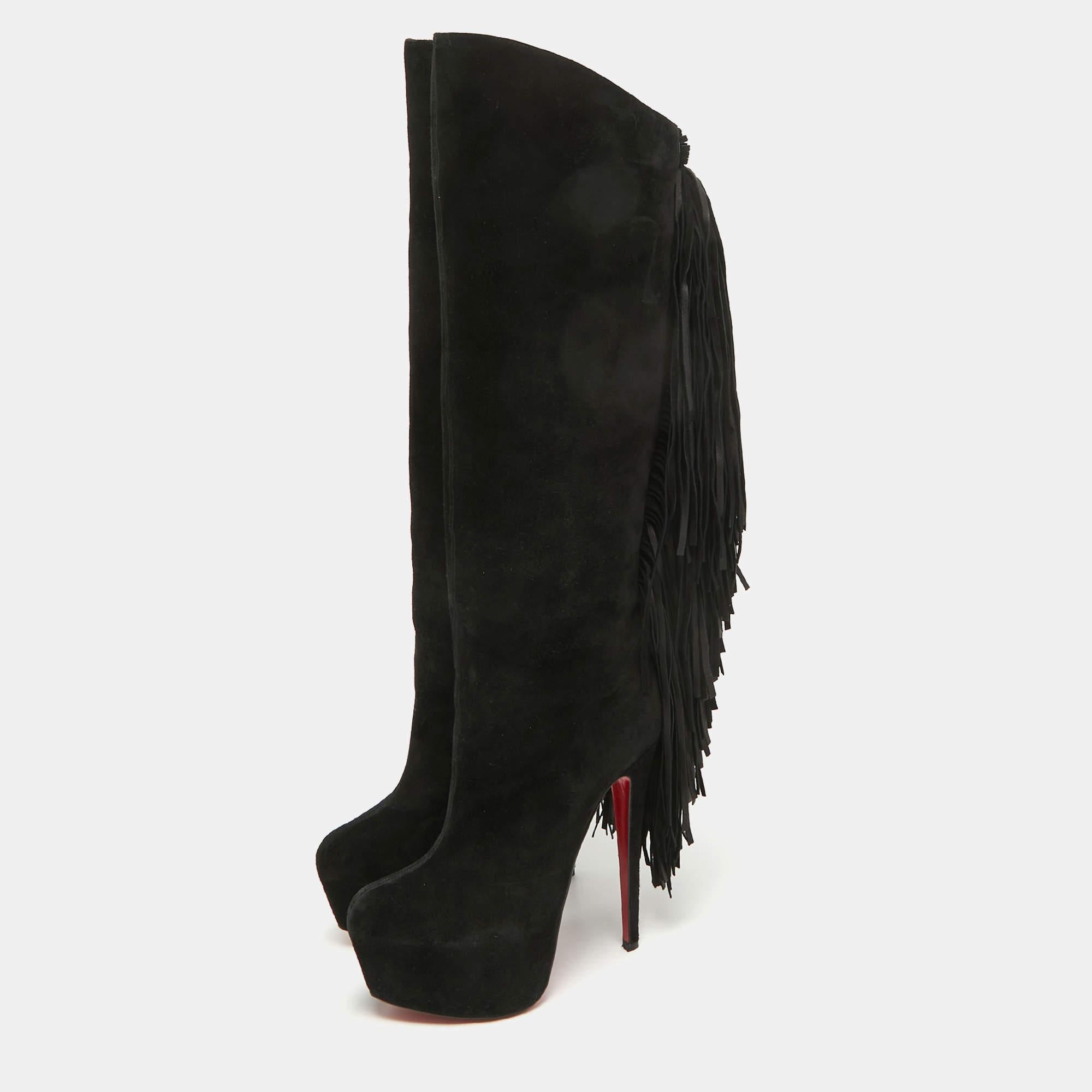 Christian Louboutin Black Suede Interlopa Knee Length Boots Size 37.5 For Sale 1
