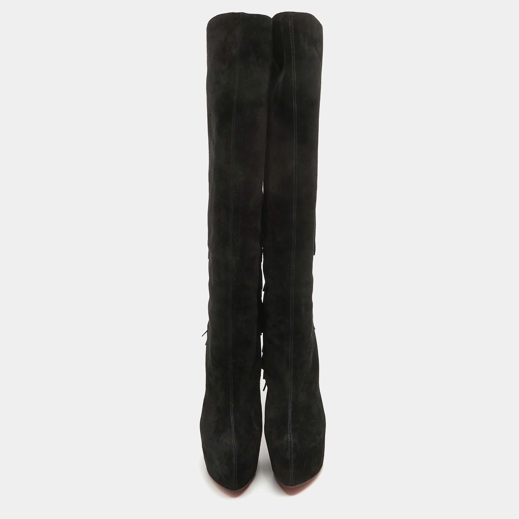 Christian Louboutin Black Suede Interlopa Knee Length Boots Size 37.5 For Sale 2