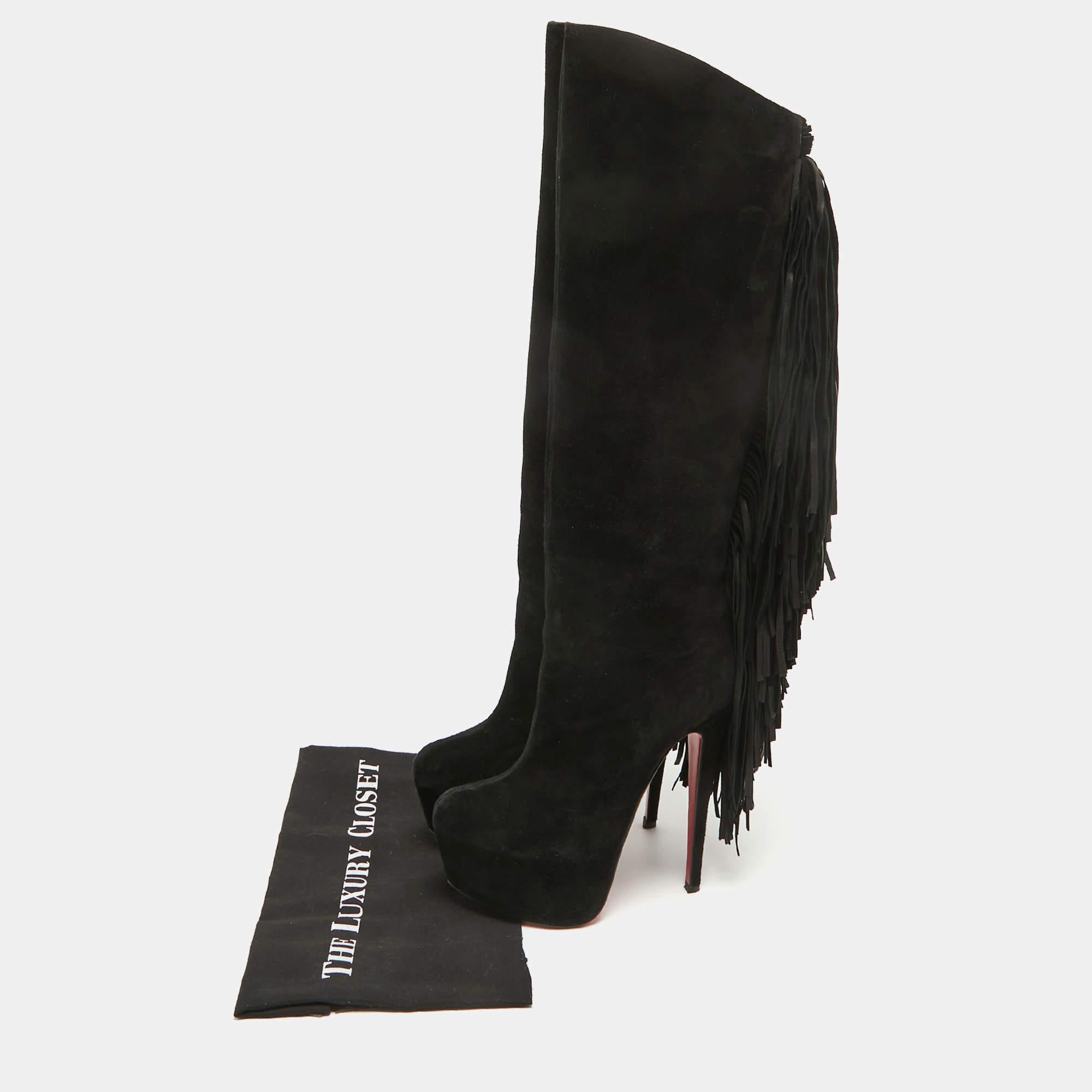 Christian Louboutin Black Suede Interlopa Knee Length Boots Size 37.5 en vente 5
