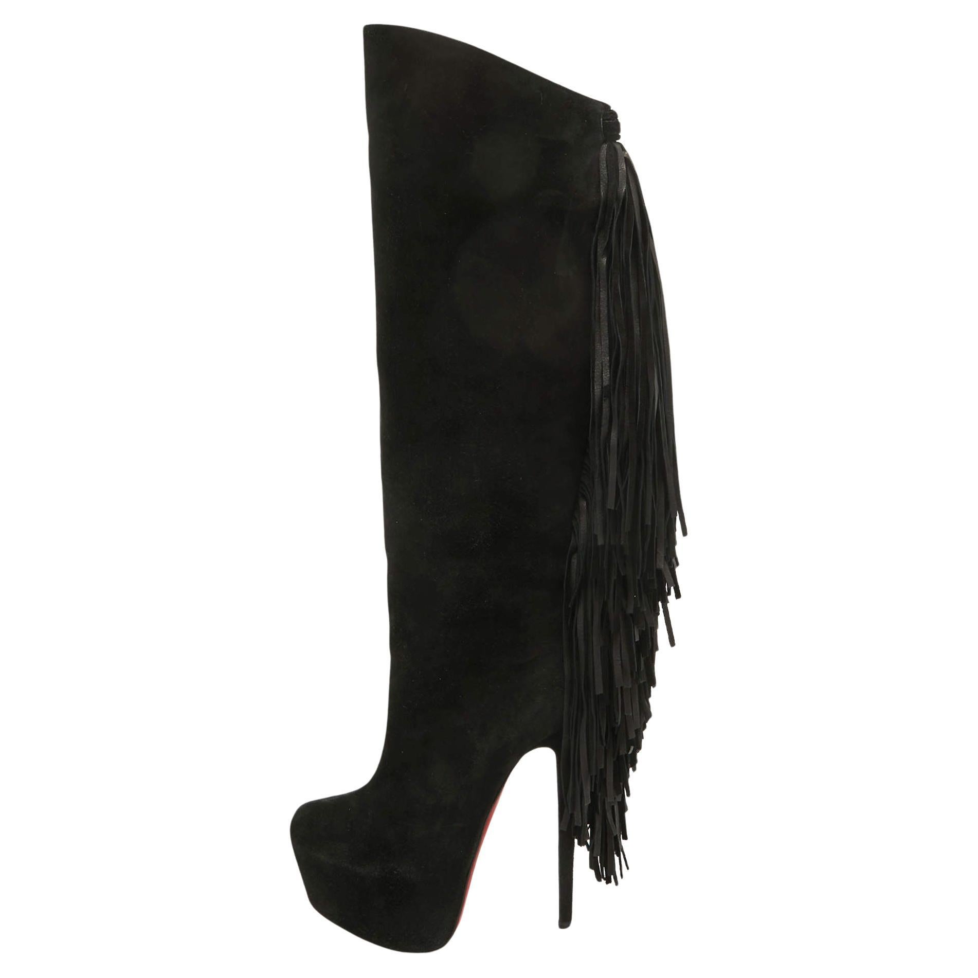 Christian Louboutin Black Suede Interlopa Knee Length Boots Size 37.5 For Sale