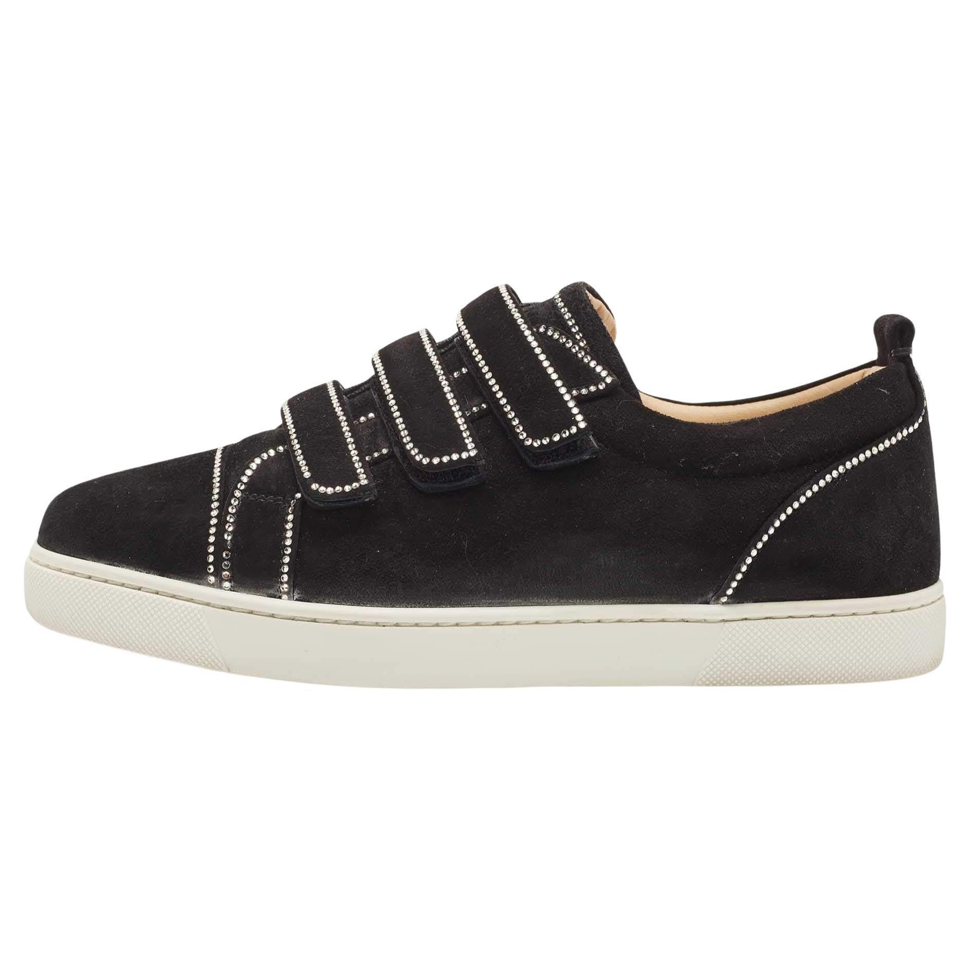 Christian Louboutin Black Suede Kiddo Bordo Embellished Velcro Low Top Sneakers  For Sale