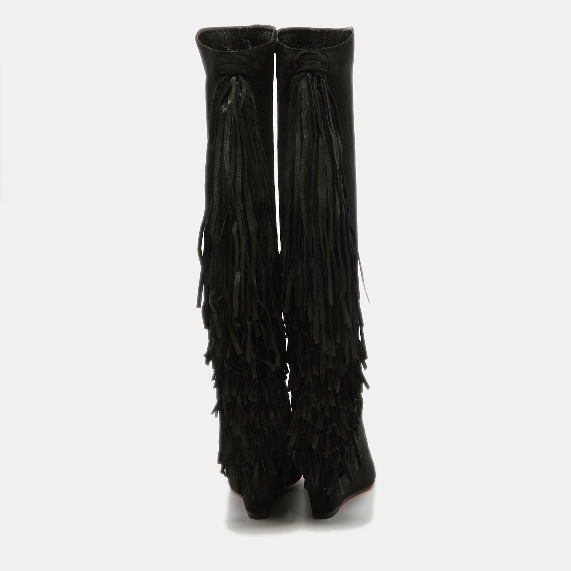 Christian Louboutin Black Suede Knee Length Boots Size 36 In Excellent Condition For Sale In Dubai, Al Qouz 2