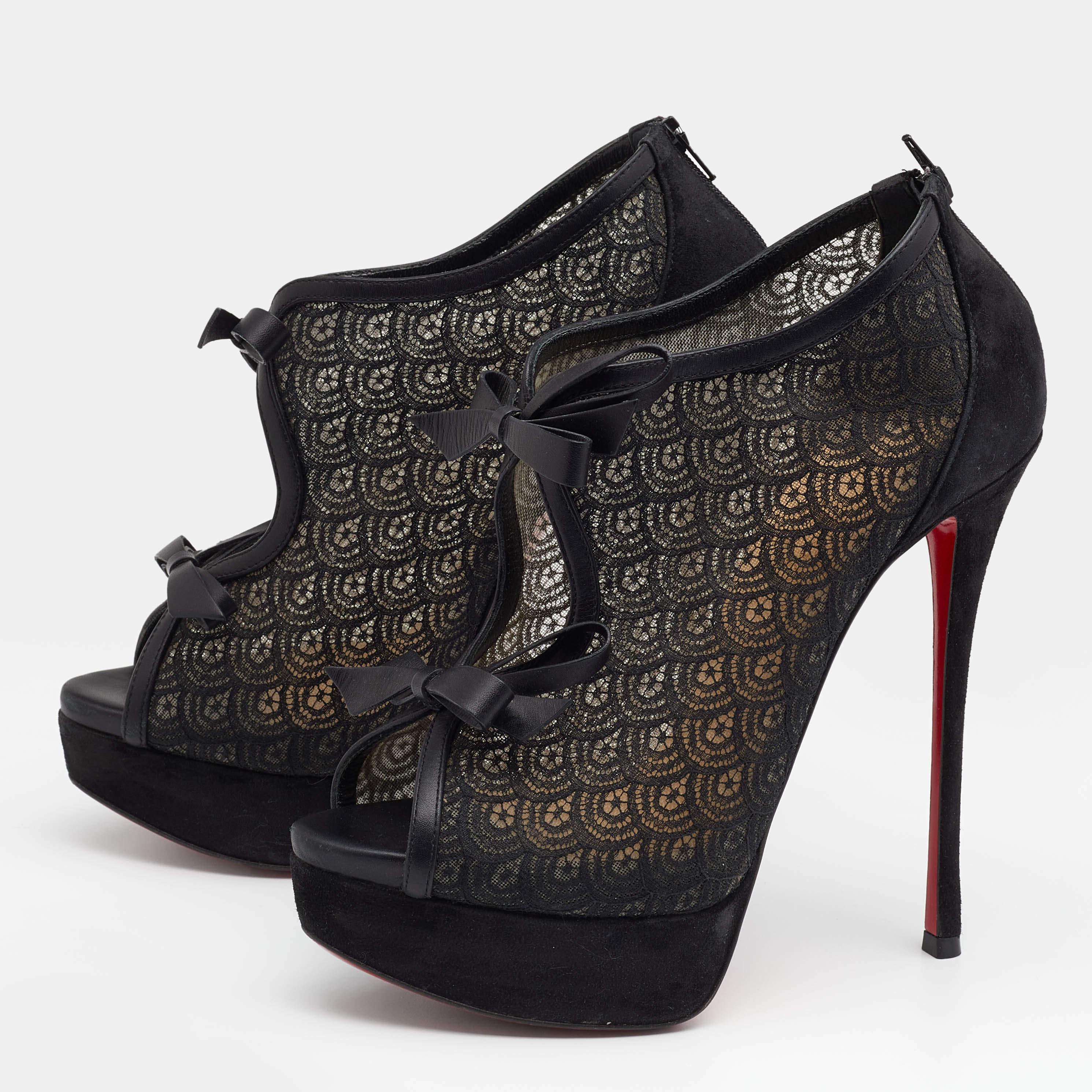 A pair of suede and mesh booties are just what you need to make a lasting impression. This awestruck beauty by Christian Louboutin features 14cm heels, platforms, and bow detailing at the front. Designed into an open-toe silhouette, these shoes come