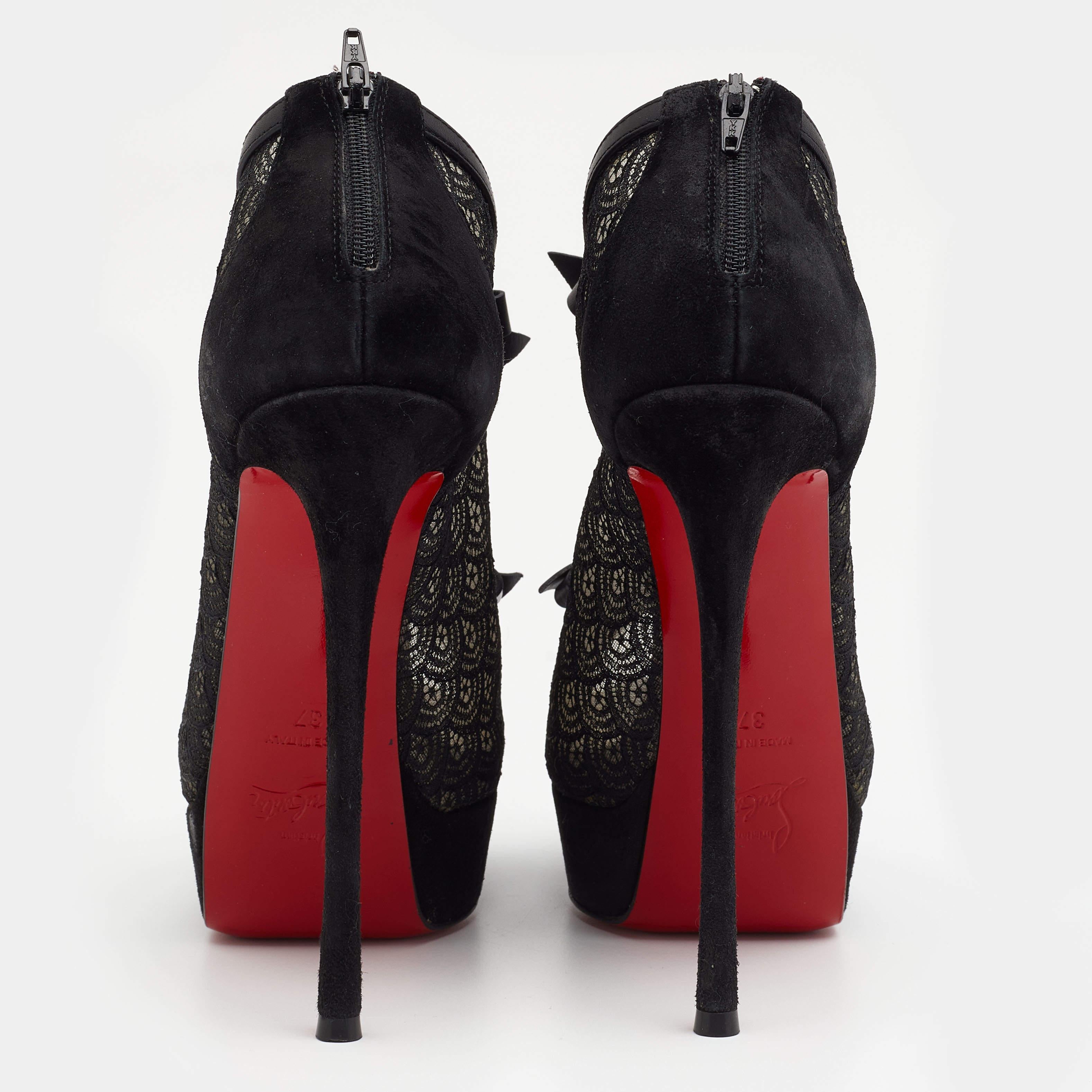 Christian Louboutin Black Suede, Lace and Mesh Empiralta Bow Open Toe Ankle Boot For Sale 2