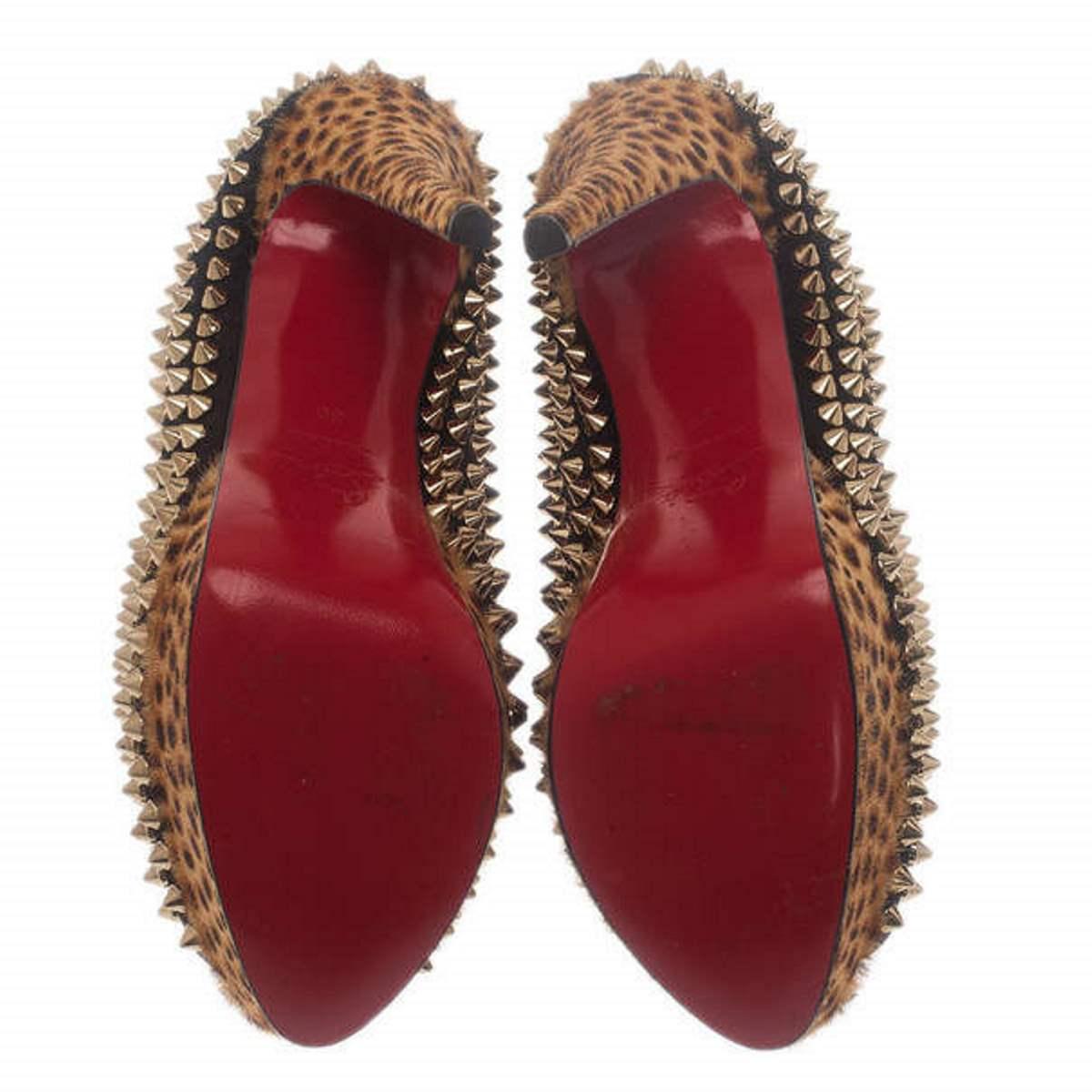 Christian Louboutin Black Suede Leopard Pony Hair Lady Peep Spikes Platform Pump 7