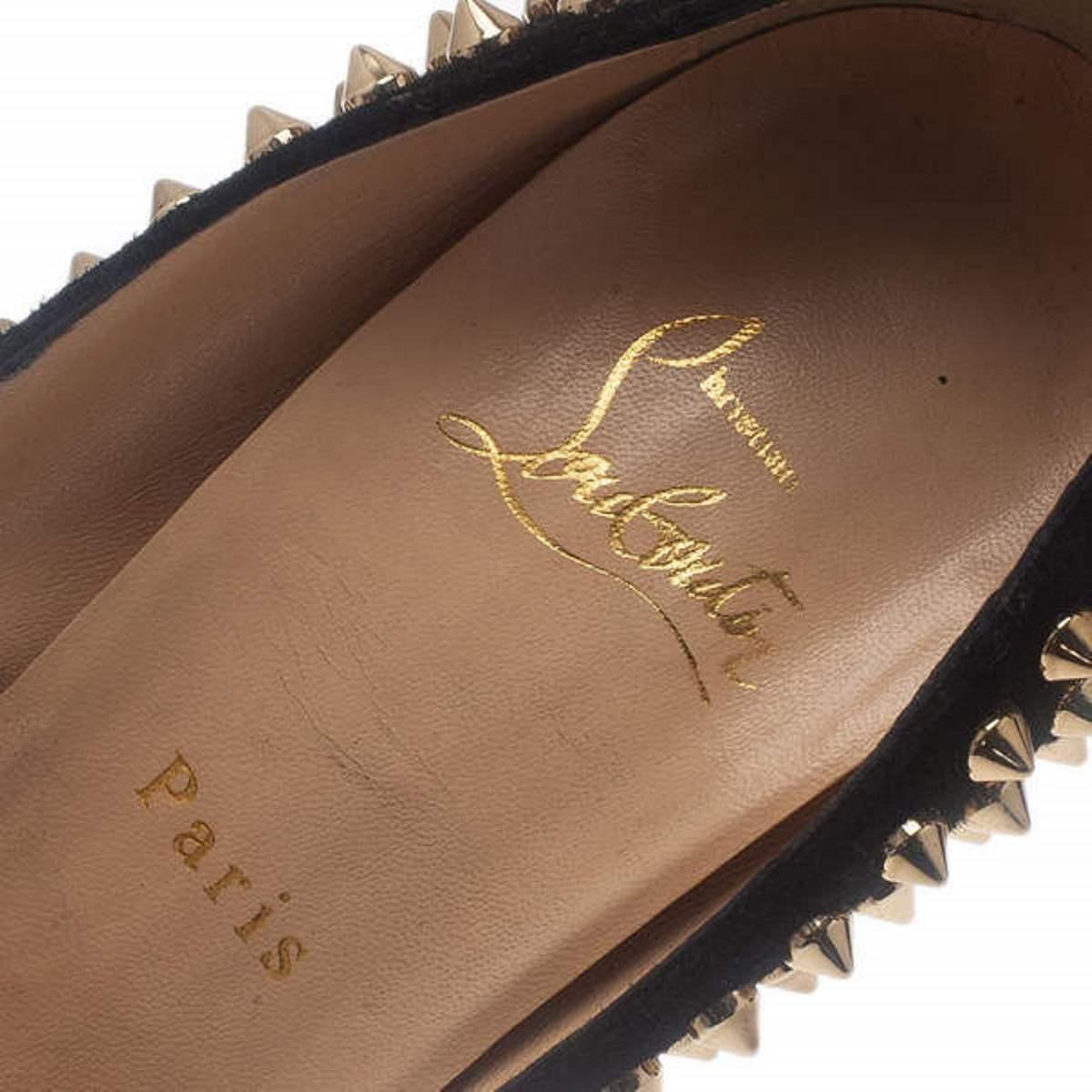 Christian Louboutin Black Suede Leopard Pony Hair Lady Peep Spikes Platform Pump In Good Condition In Dubai, Al Qouz 2