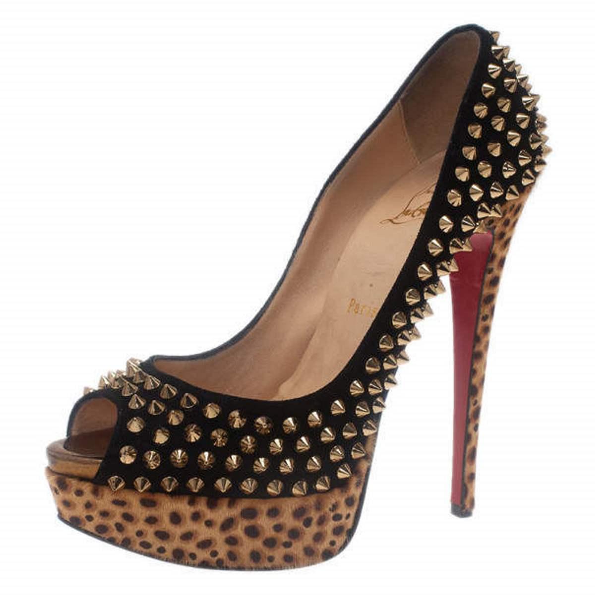 Women's Christian Louboutin Black Suede Leopard Pony Hair Lady Peep Spikes Platform Pump