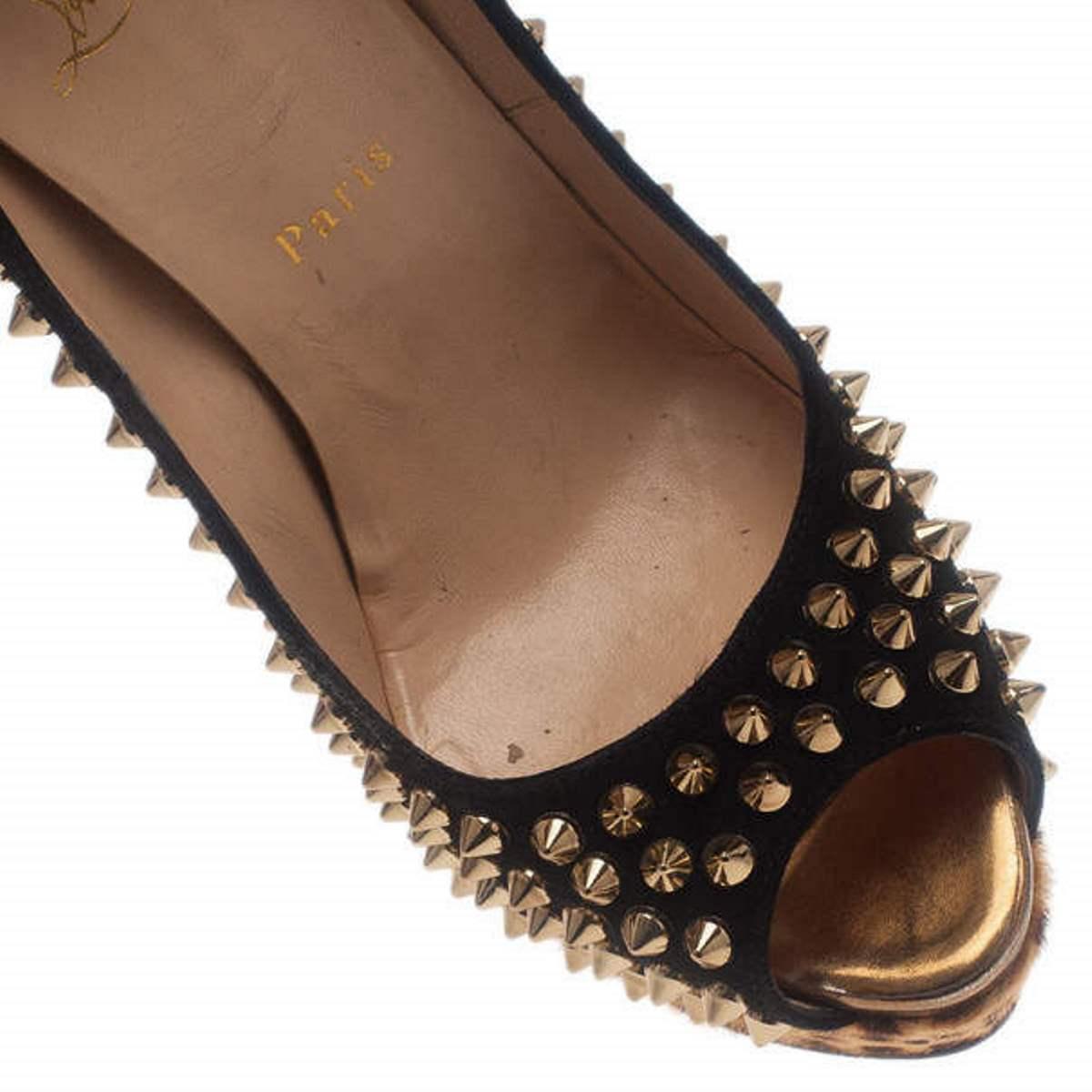 Christian Louboutin Black Suede Leopard Pony Hair Lady Peep Spikes Platform Pump 4