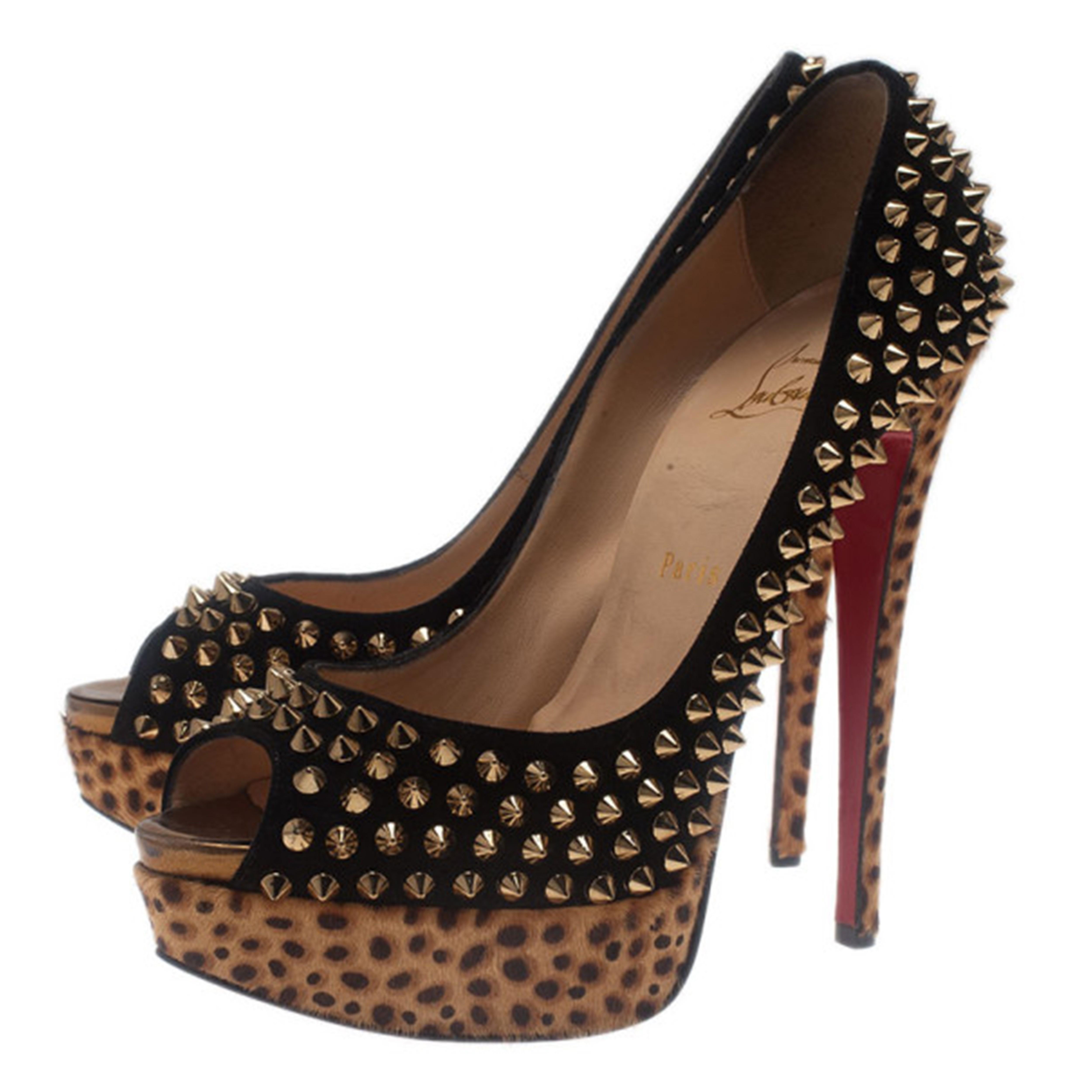 Christian Louboutin Black Suede Leopard Pony Hair Lady Peep Spikes Pumps Size 39 6