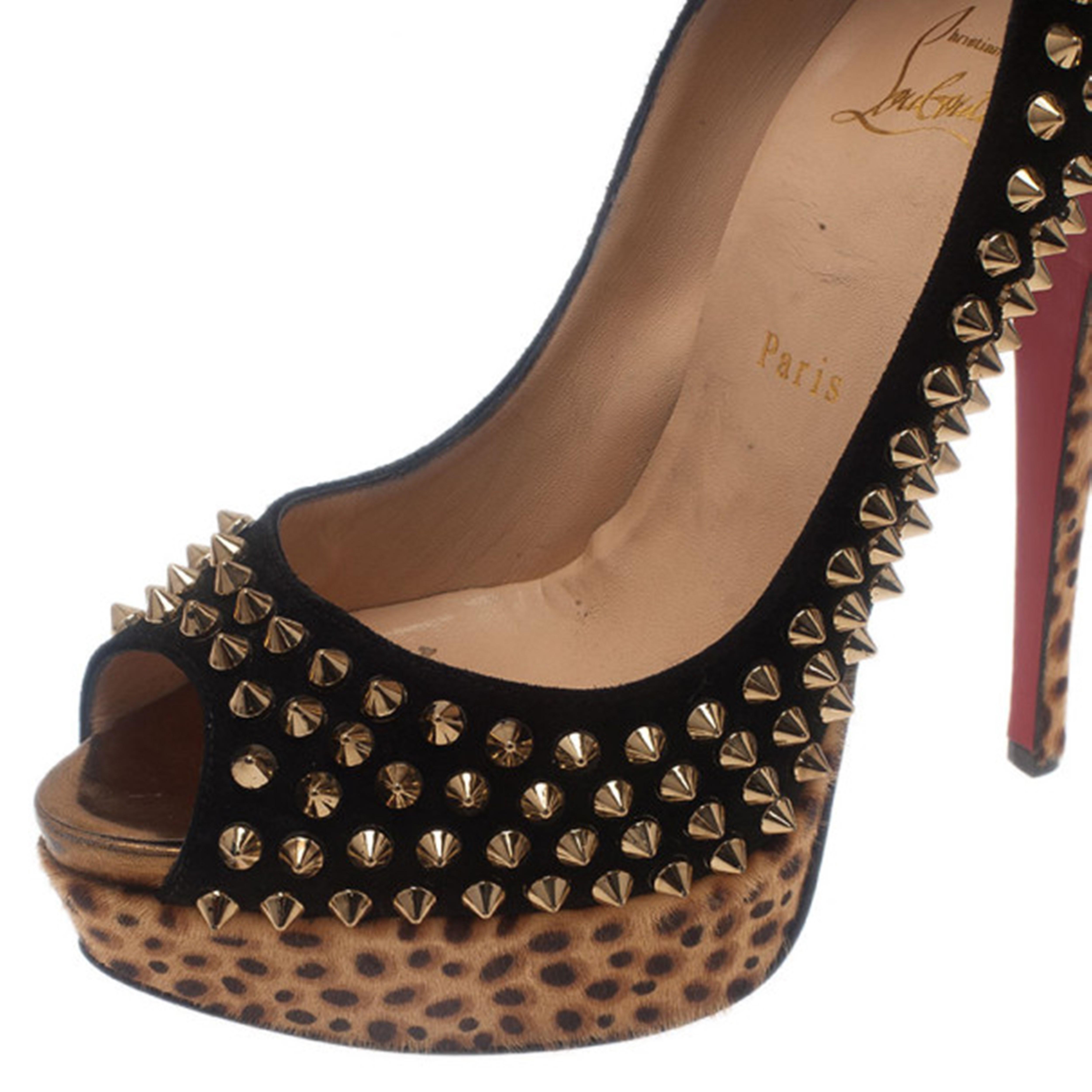 Christian Louboutin Black Suede Leopard Pony Hair Lady Peep Spikes Pumps Size 39 2