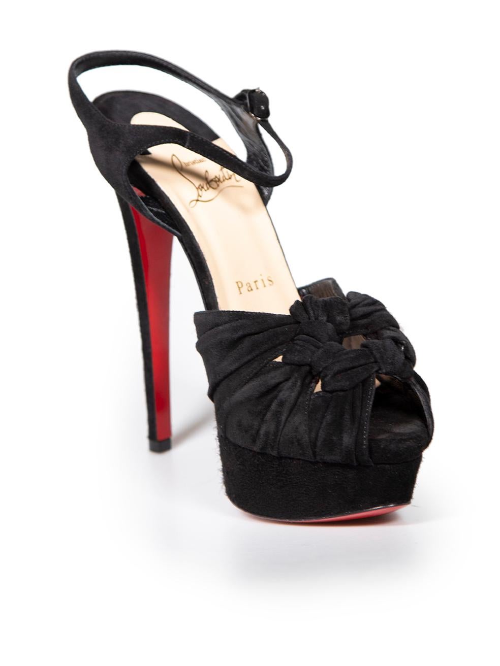 CONDITION is Never worn. No visible wear to shoes is evident on this new Christian Louboutin designer resale item. These shoes come with original box and dust bags.
 
 Details
 Loescadiva
 Black
 Suede
 Heeled sandals
 Knot detail
 Peep toe
