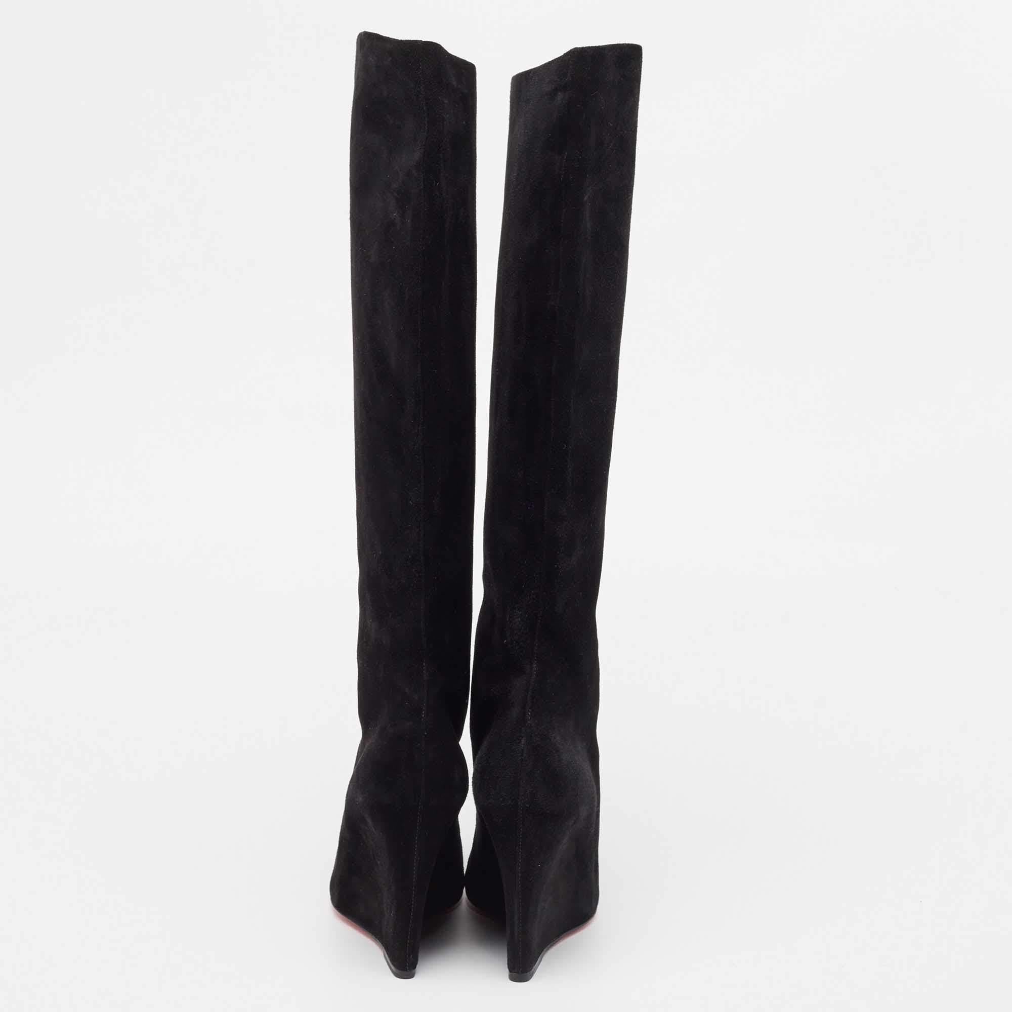 Christian Louboutin Black Suede Melissa Botta Wedge Knee Boots Size 37.5 In Good Condition For Sale In Dubai, Al Qouz 2