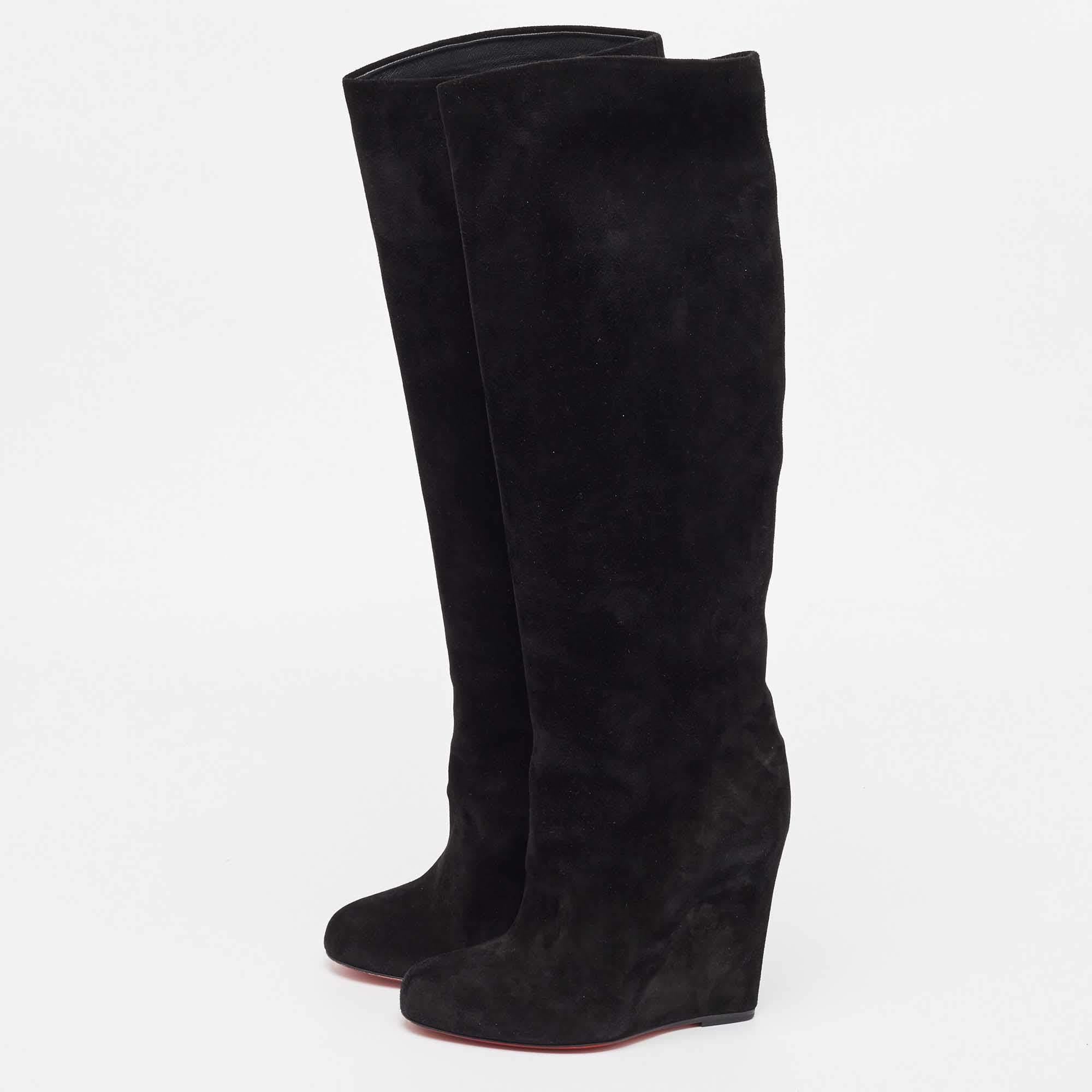 Women's Christian Louboutin Black Suede Melissa Botta Wedge Knee Boots Size 37.5 For Sale