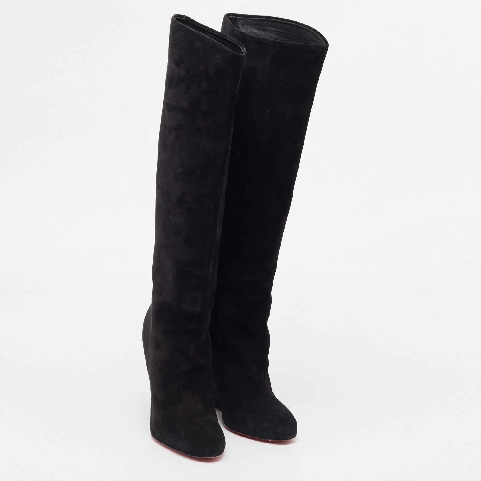 Christian Louboutin Black Suede Melissa Botta Wedge Knee Boots Size 37.5 For Sale 1
