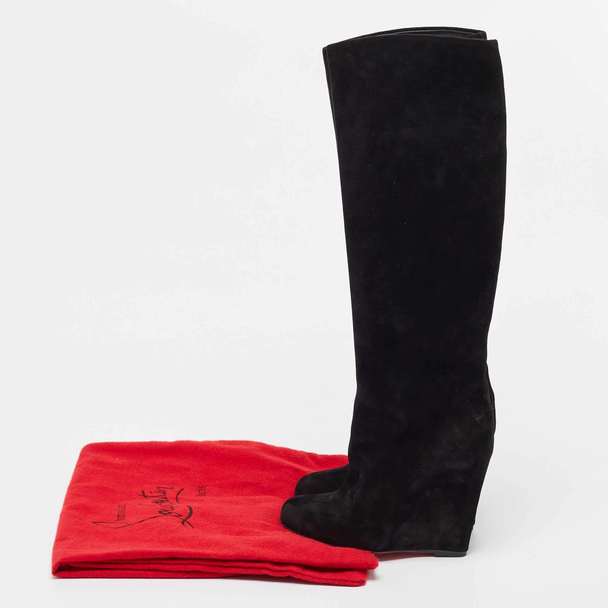 Christian Louboutin Black Suede Melissa Botta Wedge Knee Boots Size 37.5 For Sale 4