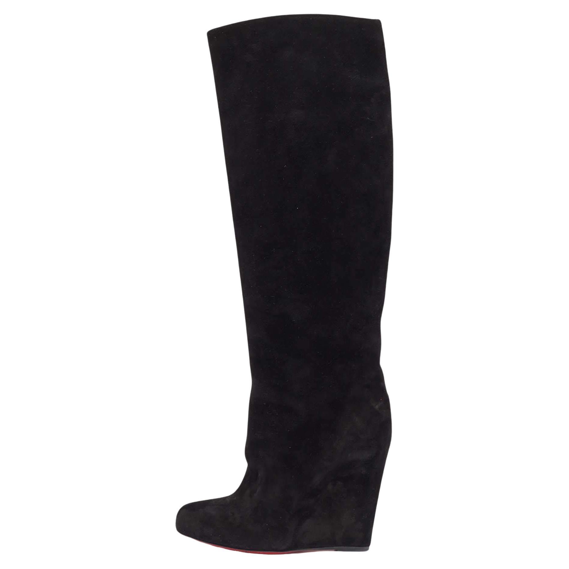 Christian Louboutin Black Suede Melissa Botta Wedge Knee Boots Size 37.5 For Sale