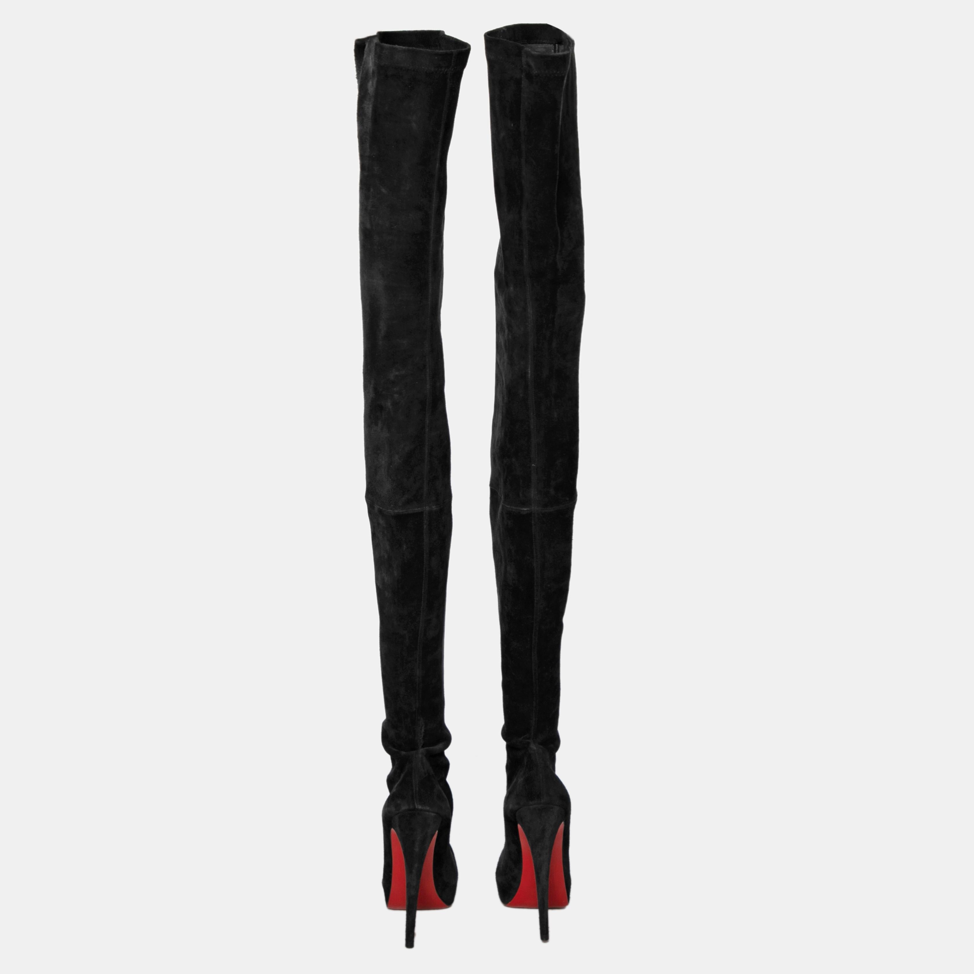 Christian Louboutin Black Suede Monica Over the Knee Boots Size 41.5 In Good Condition In Dubai, Al Qouz 2
