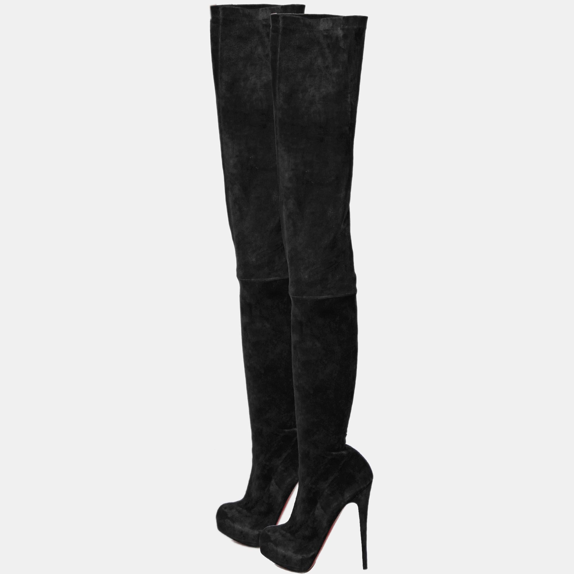 Women's Christian Louboutin Black Suede Monica Over the Knee Boots Size 41.5