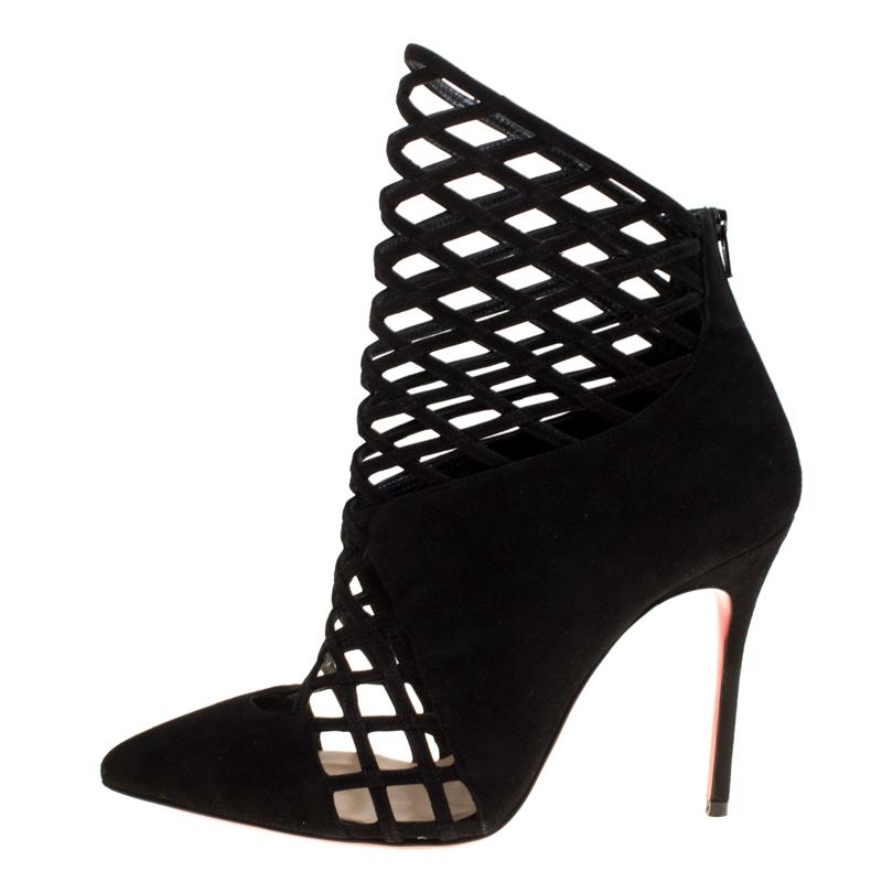 Christian Louboutin Black Suede Mrs Bouglione Cage Ankle Boots Size 36.5 1