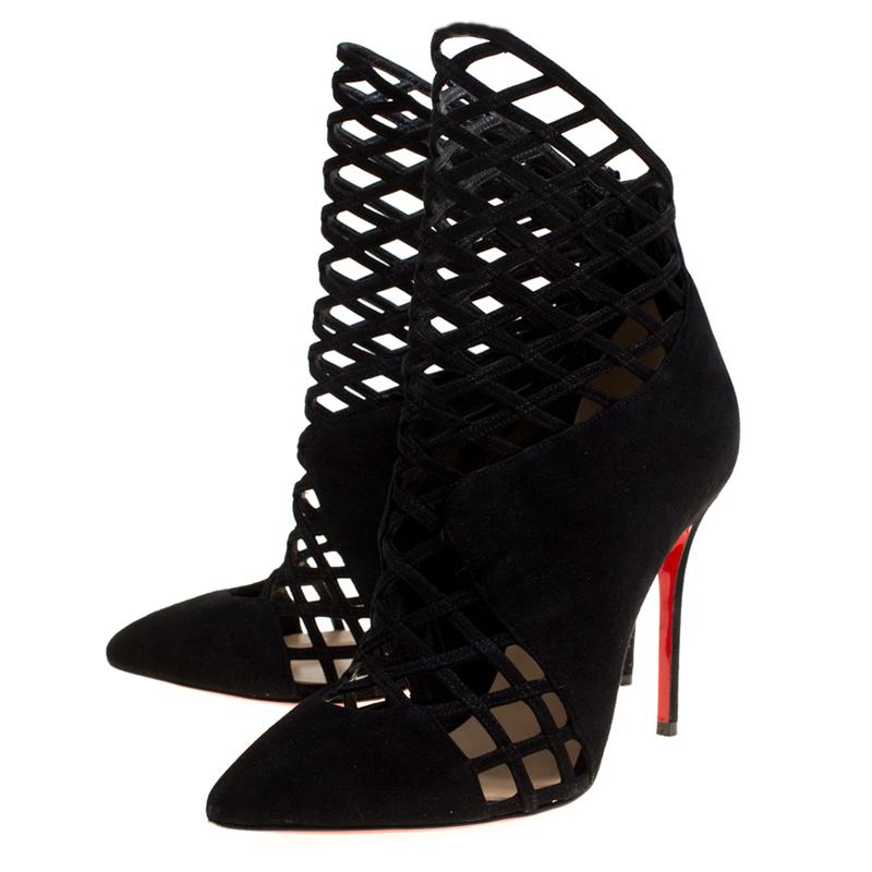 Christian Louboutin Black Suede Mrs Bouglione Cage Ankle Boots Size 36.5 3