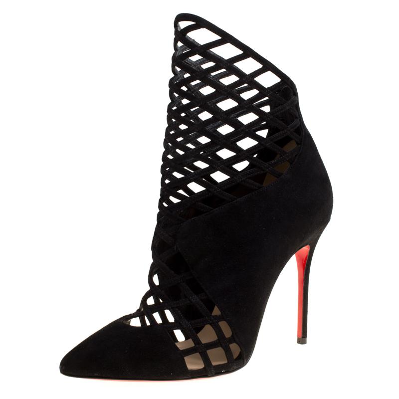 Christian Louboutin Black Suede Mrs Bouglione Cage Ankle Boots Size 36.5