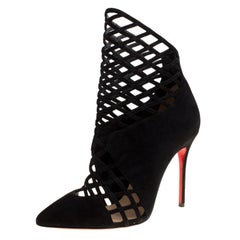 Christian Louboutin Black Suede Mrs Bouglione Cage Ankle Boots Size 36.5