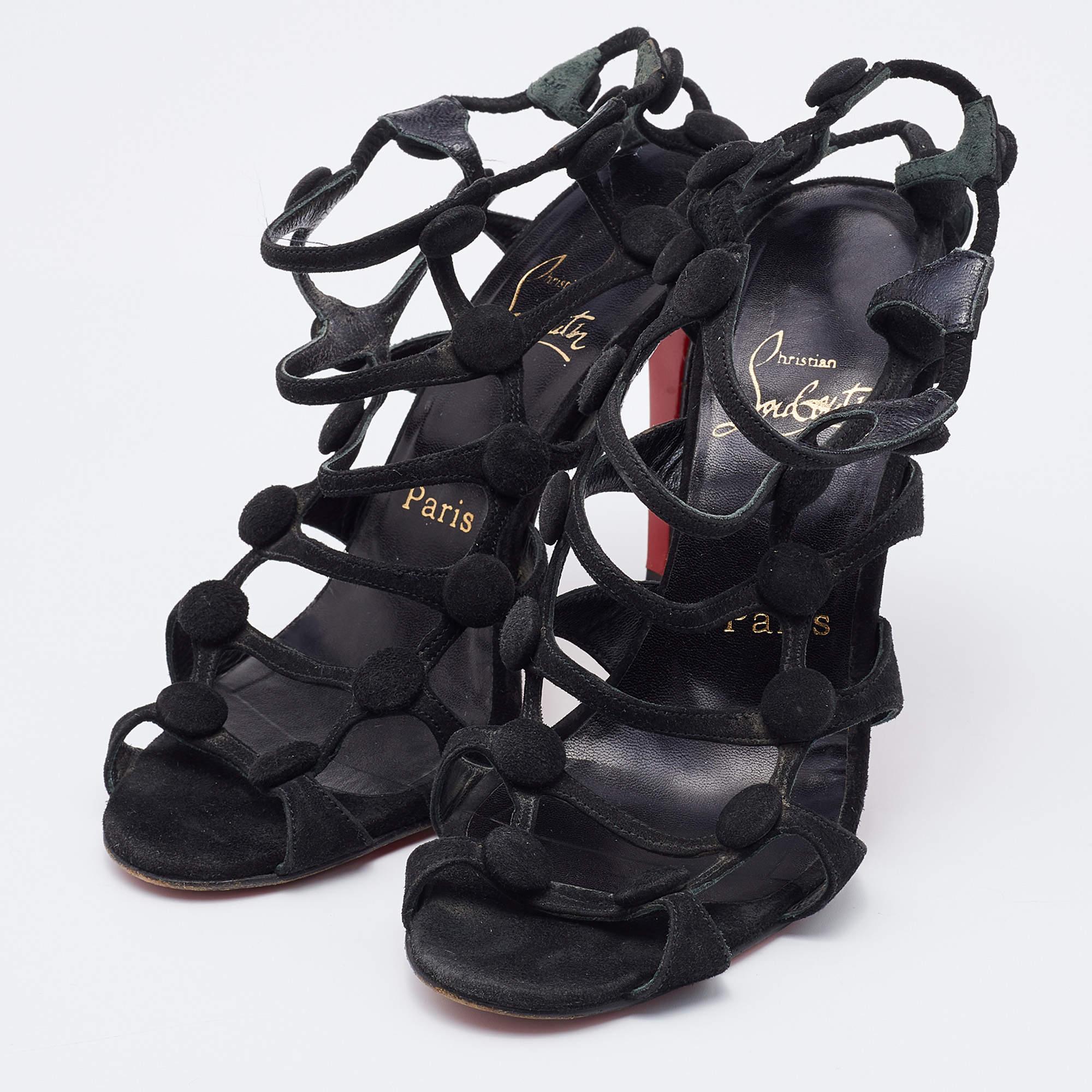 Women's Christian Louboutin Black Suede Neuron Cage Ankle Strap Sandals Size 37 For Sale