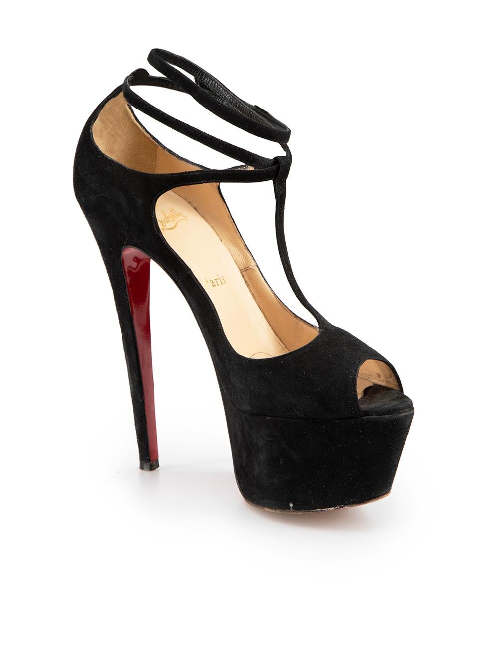 CONDITION is Good. Minor wear to shoes is evident. Light wear to both shoe uppers, platforms and heel-stems with abrasions to the suede on this used Christian Louboutin designer resale item.
  
Details
Black
Suede
Heels
Platform
High heeled
Peep