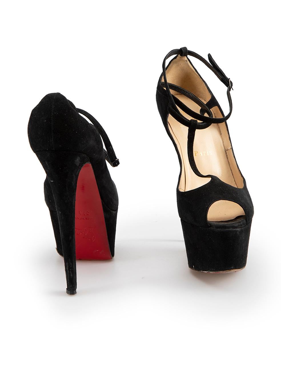 Christian Louboutin Black Suede Peep T-Strap Heels Size IT 38.5 In Good Condition In London, GB
