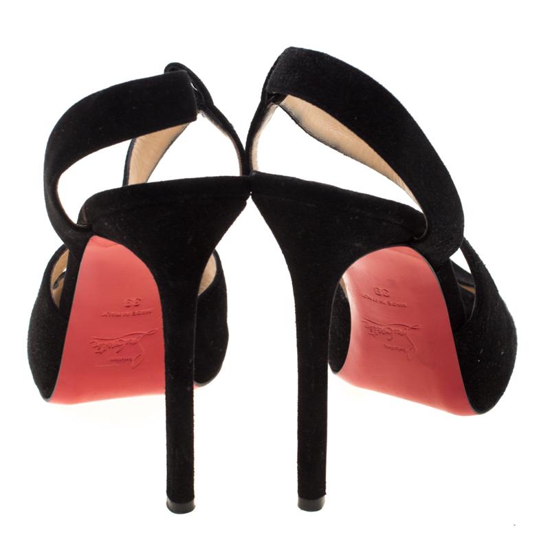 Women's Christian Louboutin Black Suede Peep Toe Cross Strap Slingback Sandals Size 39