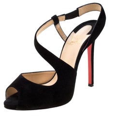 Christian Louboutin Black Suede Peep Toe Cross Strap Slingback Sandals Size 39