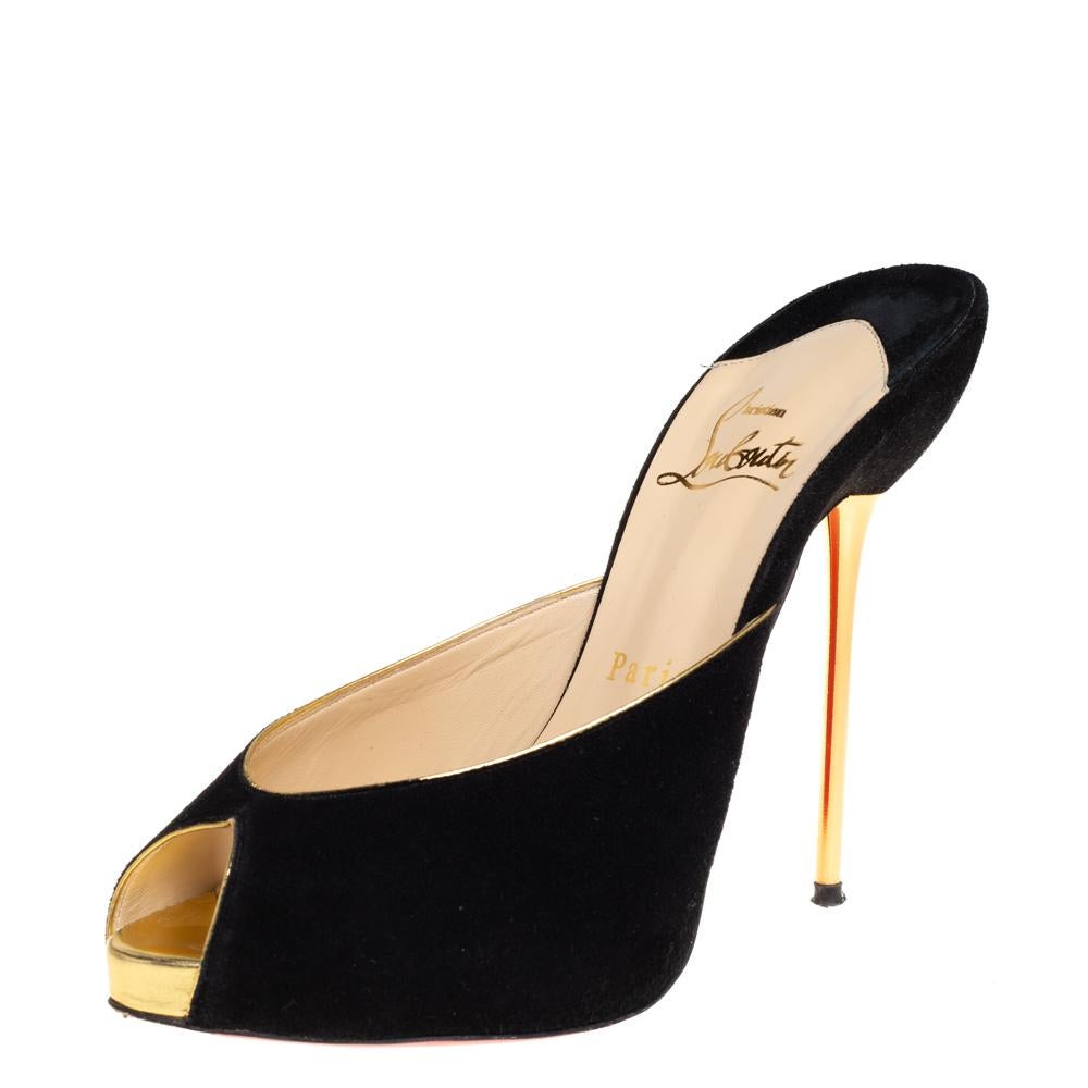Upgrade your looks by adding these Christian Louboutin mules to your wardrobe. They are crafted from black suede and designed with peep toes and 12.5 cm gold-tone pencil heels. Finesse and poise will all come naturally when you wear this gorgeous