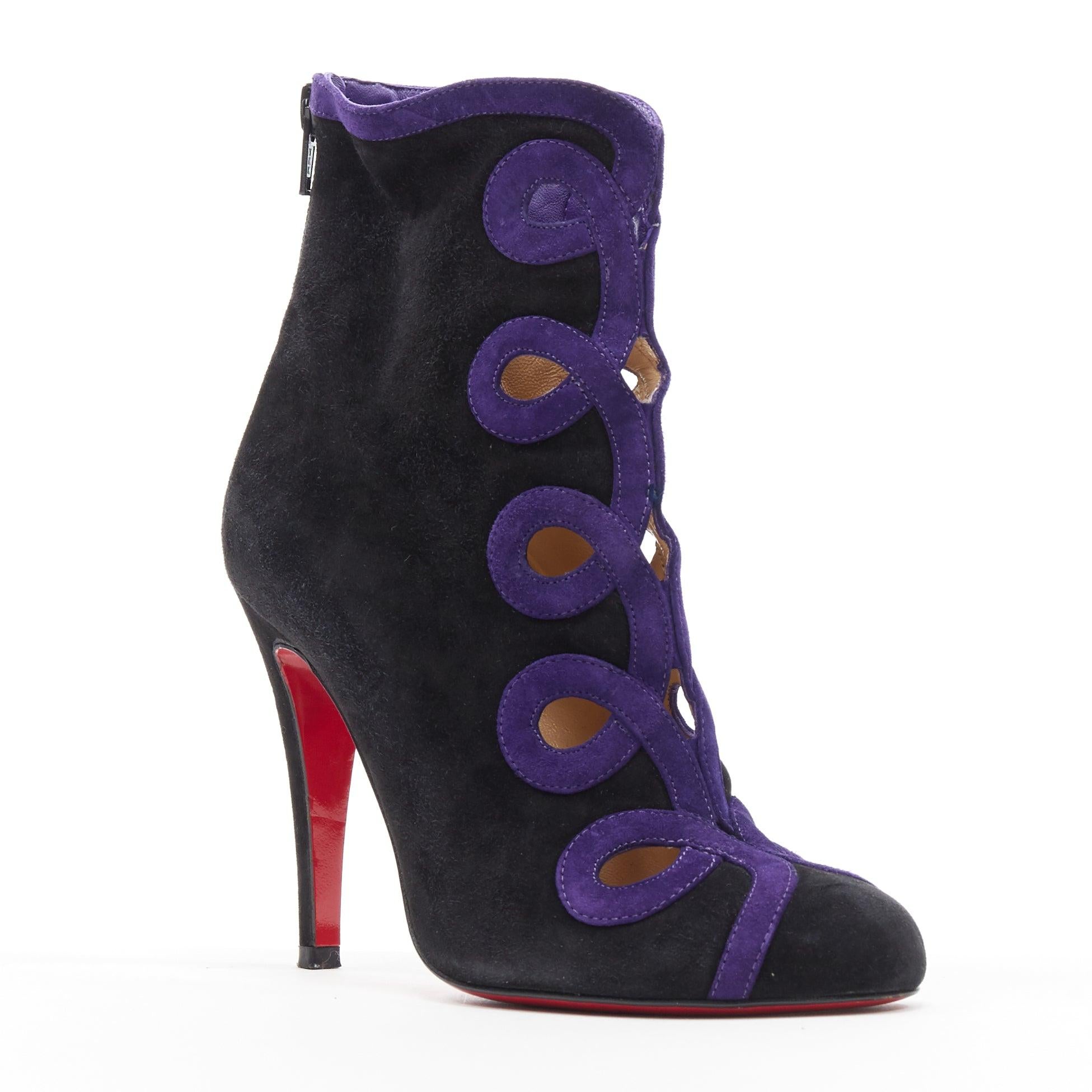CHRISTIAN LOUBOUTIN black suede purple swirl cut out high heel ankle bootie EU36
Reference: TGAS/A05770
Brand: Christian Louboutin
Material: Suede
Color: Black, Purple
Pattern: Solid
Closure: Zip
Extra Details: Black suede leather upper. Purple