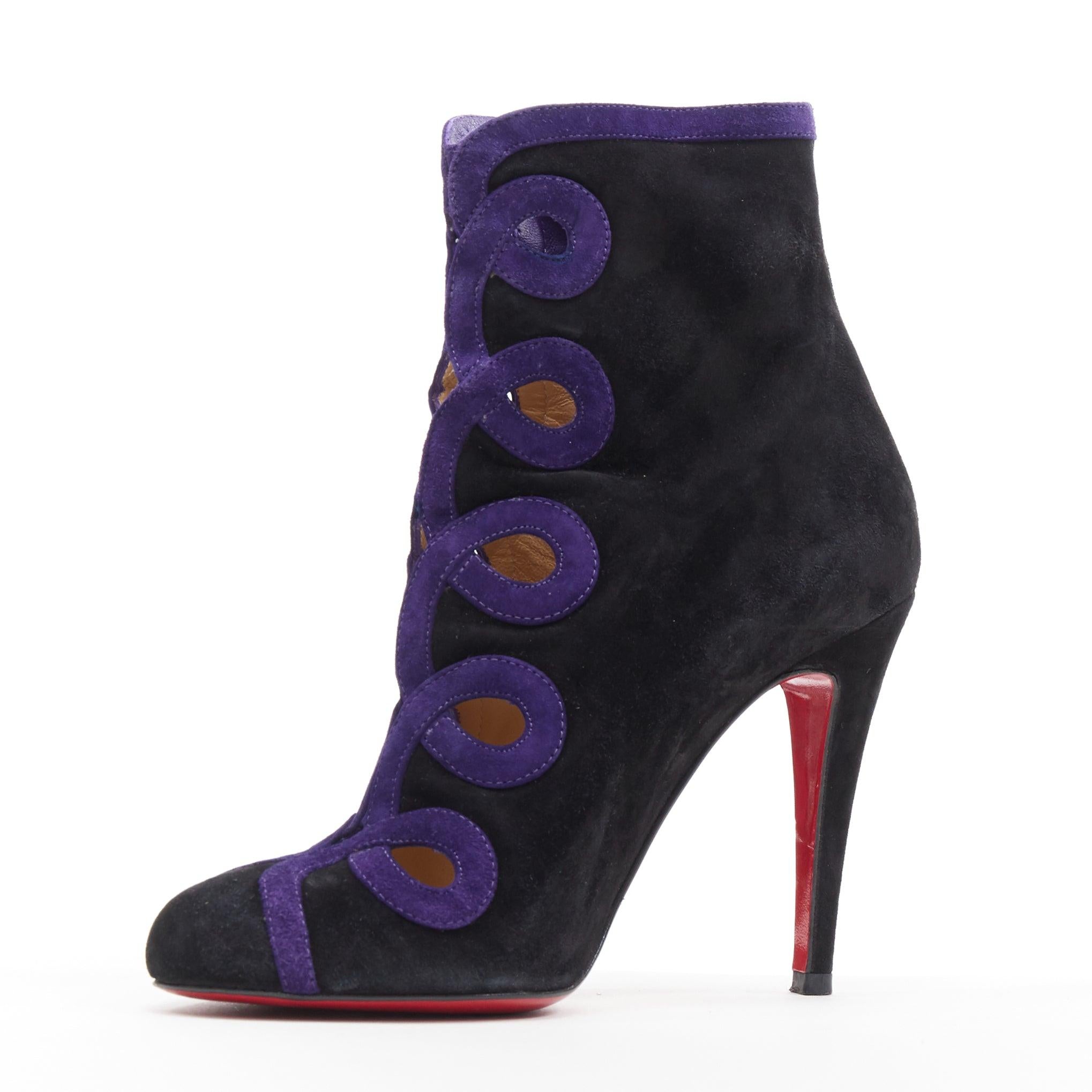 Women's CHRISTIAN LOUBOUTIN black suede purple swirl cut out high heel ankle bootie EU36 For Sale