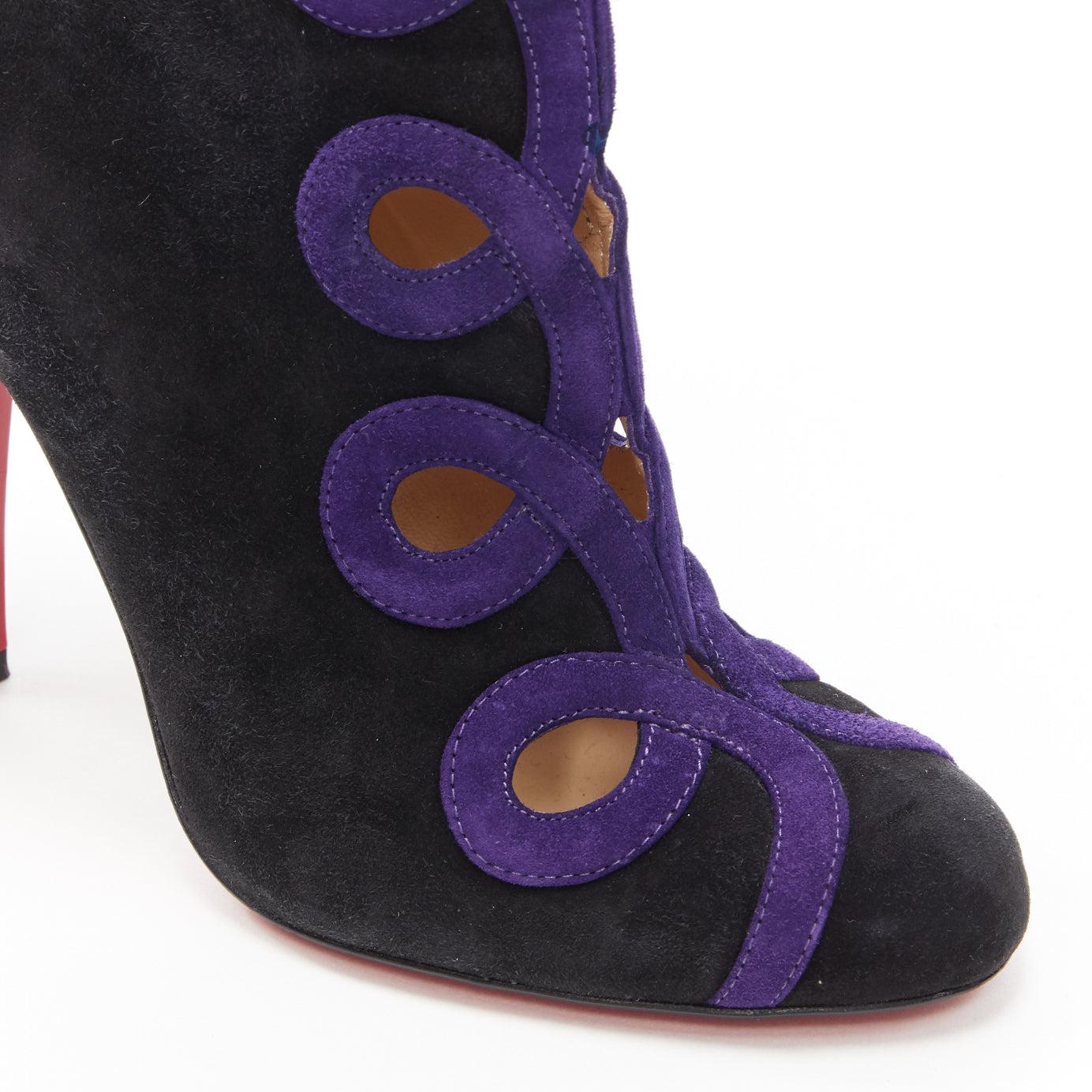 CHRISTIAN LOUBOUTIN black suede purple swirl cut out high heel ankle bootie EU36 For Sale 3